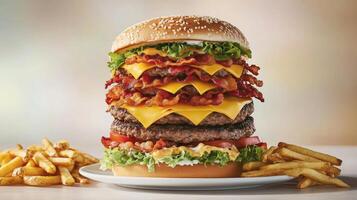 Mega hamburger stacked high with layers of beef, cheese, and toppings served with crispy fries photo