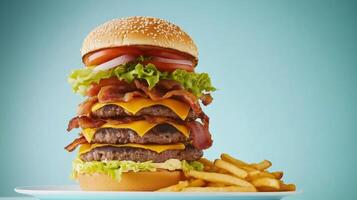 Giant hamburger piled high with layers of beef, cheese, bacon, lettuce, and tomato served with crispy fries photo
