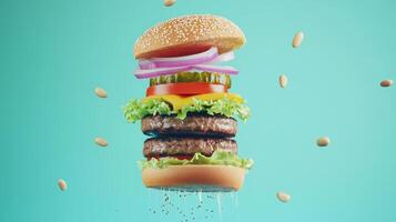 Mega hamburger floating in the air with vibrant layers and toppings displayed against a bright backdrop photo