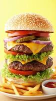 Towering mega hamburger stacked with juicy beef, fresh vegetables, and toasted sesame bun photo