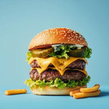 colosal hamburguesa desbordante con capas de carne de res, queso, lechuga, y pepinillos desplegado en contra un azul antecedentes foto