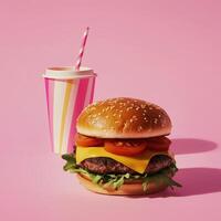 Perfectly symmetrical mega hamburger with a colorful drink on a pink background photo