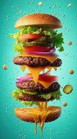 Mega hamburger suspended in the air showcasing layers of ingredients with a vibrant background photo