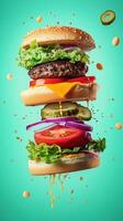 Mega hamburger suspended in mid-air showcasing colorful layers and delicious ingredients on a vibrant background photo