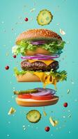 Floating mega hamburger with toppings suspended in mid-air against a vibrant background photo