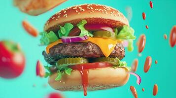 Mega hamburger floating mid-air with fresh toppings and vibrant colors against a turquoise background photo