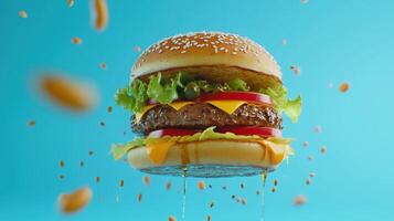 Mega hamburger suspended mid-air surrounded by falling crumbs in a vibrant blue backdrop photo