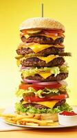 Giant hamburger creation showcases layers of juicy beef, fresh vegetables, and delicious condiments on a bright yellow background photo