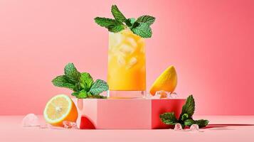 Refreshing turmeric iced tea served in a transparent glass accompanied by fresh mint leaves and lemon slices photo