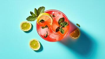 Refreshing turmeric iced tea garnished with mint and lime served on a vibrant blue background photo