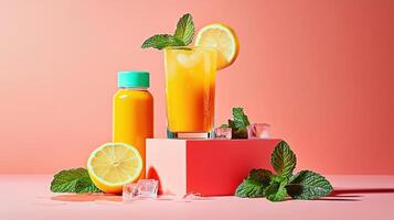 Refreshing turmeric iced tea served in a transparent glass with fresh mint and lemon garnishes on a pastel background photo