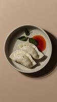 Pan-fried dumplings with crispy bottoms served on a stylish plate with sauce and herbs photo