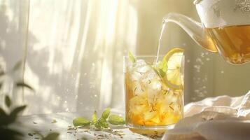 Refreshing iced tea being prepared in a bright and airy kitchen with natural light and fresh ingredients photo