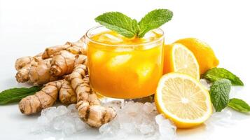 Refreshing turmeric iced tea garnished with mint and served with fresh lemon slices photo
