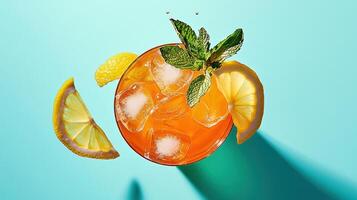 Vibrant turmeric iced tea with fresh lemon and mint on a bright turquoise surface photo