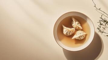 Delicious dumplings in chicken broth garnished with herbs on a neutral background for a cozy meal experience photo