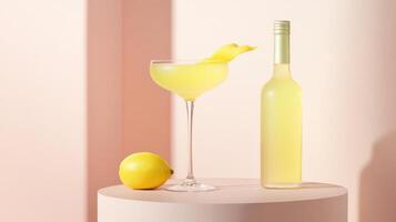 Elegant cocktail served in a curved glass with lemon garnish beside a bottle on a soft pastel background photo
