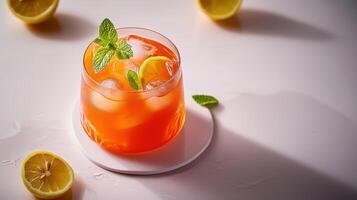 Vibrant turmeric iced tea with fresh lemon and mint on a white background photo