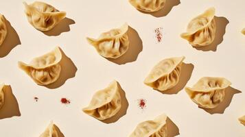 Unique artistic presentation of momo garnished with spices on a light background photo