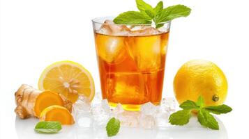 Refreshing turmeric iced tea with ginger and lemon served with mint garnish on a bright summer day photo