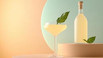 Elegant cocktail served in a curved glass beside a bottle with fresh basil leaves set against a pastel background photo