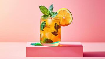 Turmeric iced tea with mint and lemon garnishes served in a vibrant setting photo