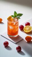 Vibrant turmeric iced tea garnished with fresh citrus and mint on a bright surface surrounded by assorted fruit photo