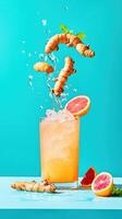 Freshly grated turmeric floats in lemonade, creating a vibrant splash of flavor against a bright turquoise background photo