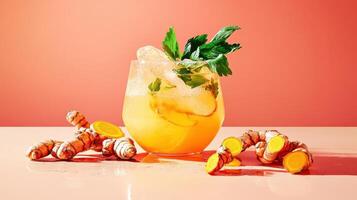 Freshly grated turmeric lemonade served in a glass with ice and garnished with herbs photo
