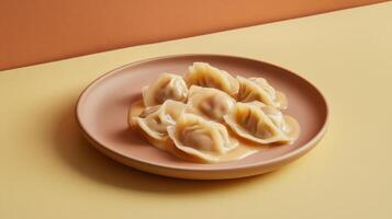 Delicious dumplings in creamy sauce presented artfully on a minimalist plate against a warm backdrop photo