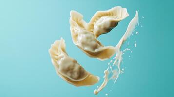 Dumplings in creamy sauce float gracefully against a vibrant background showcasing culinary art photo