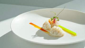 Creamy dumplings served on a white plate with vibrant sauce and garnishes showcasing fine dining presentation photo