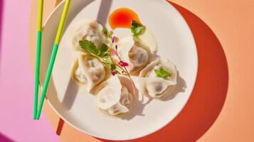 Delicious dumplings in creamy sauce served on a vibrant plate with fresh greens and dipping sauce photo
