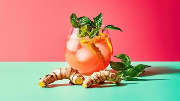 Refreshing lemonade infused with freshly grated turmeric and mint on vibrant background photo