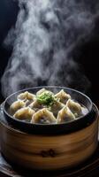 Bamboo basket filled with steaming dumplings in a traditional setting ready for serving at a local eatery photo