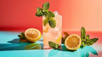 Refreshing citrus drink with mint garnish on colorful backdrop featuring bright yellow lemons photo