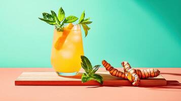 Refreshing lemonade infused with freshly grated turmeric and mint on a vibrant backdrop photo