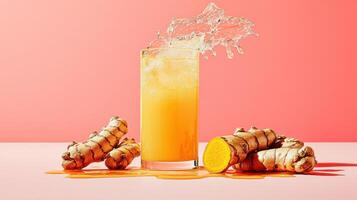 Refreshing lemonade infused with freshly grated turmeric on a vibrant background photo