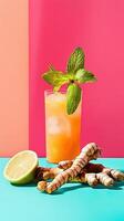 Refreshing lemonade with fresh ginger and lime on a vibrant background photo