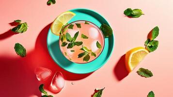 Refreshing mint lemonade in a vibrant color palette with ice cubes and lemon slices photo