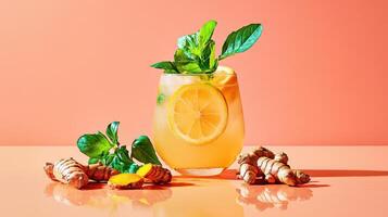 Lemonade infused with freshly grated turmeric and garnished with mint leaves on a vibrant backdrop photo