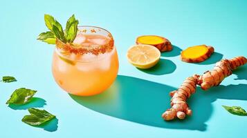 Lemonade infused with freshly grated turmeric and mint garnishing for a refreshing summer drink experience photo