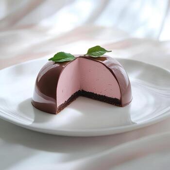 Chocolate mousse dessert with glossy mirror glaze and a hint of mint on a white plate photo
