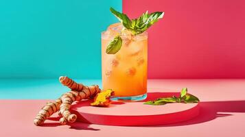 Refreshing lemonade infused with freshly grated turmeric and garnished with basil on vibrant background photo