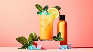 Refreshing turmeric iced tea garnished with fresh mint and lemon on a vibrant pastel background photo
