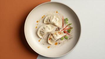 Mushroom filled dumplings presented artistically on a modern plate photo