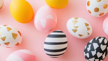 Elegant arrangement of modern eggs showcasing minimalistic design on a soft pink background photo