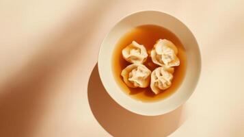 Savory dumplings in chicken broth served in a white bowl on a light surface photo