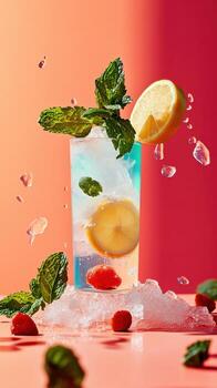 Vibrant beverage with mint and lemon wedge on colorful background photo