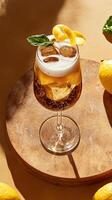 Refreshing limoncello spritz with citrus garnish served on a wooden board in a bright setting photo